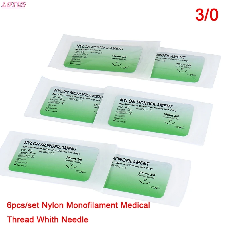 6PCS 2.0/3.0/4.0 Medical Needle Suture Nylon Monofilament Non-Damage Suture Medical Surgical Thread White Needle Suture Tool