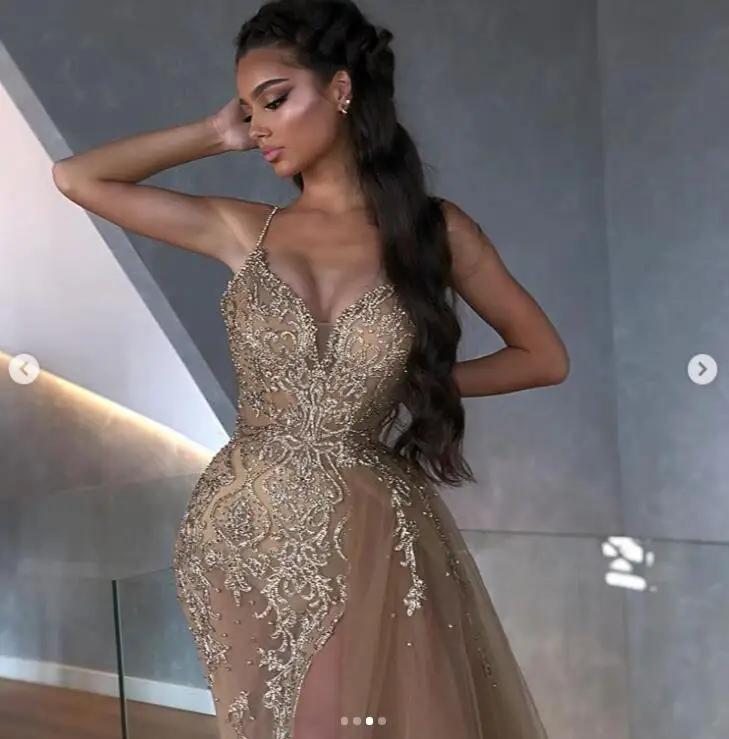 الخرز فساتين سهرة انفصال الذيل vestido longo دبي مساء فستان رداء دي Soiree الخامس الرقبة abiye ثوب مسائي شق الجانب