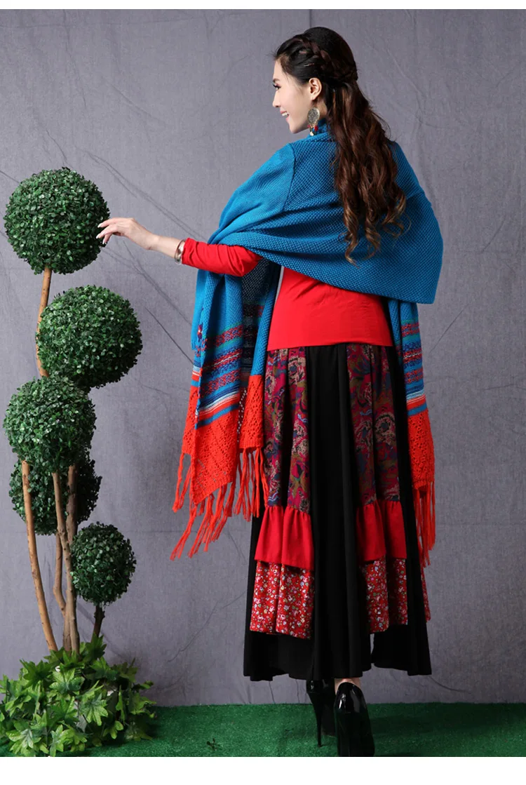 Ethnic Boho 2021 New Autumn Winter Printed Tassels Knitted Loose Cardigan Women Full Bat Cape Poncho Shawl Sweater Coat