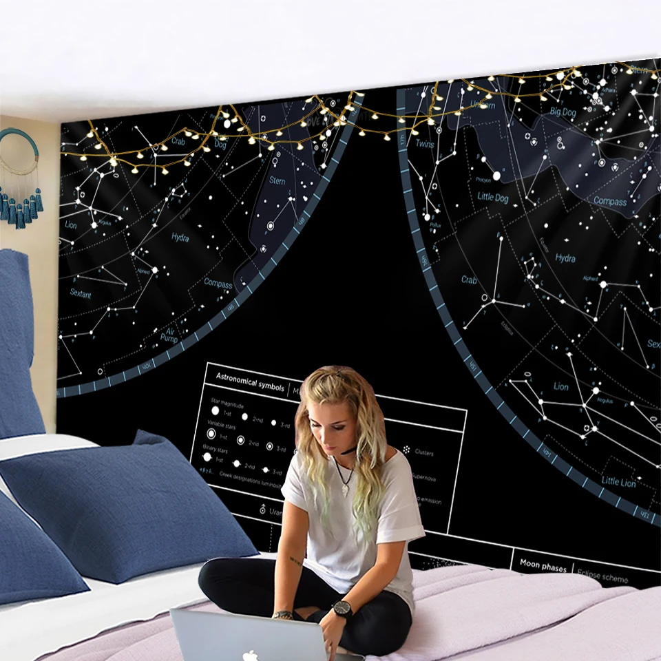 Tapestry Wall Wall Hanging Northern Hemisphere Sky Map Star Constellations Tapestry Black Background Interstellar Sky Wall Decor
