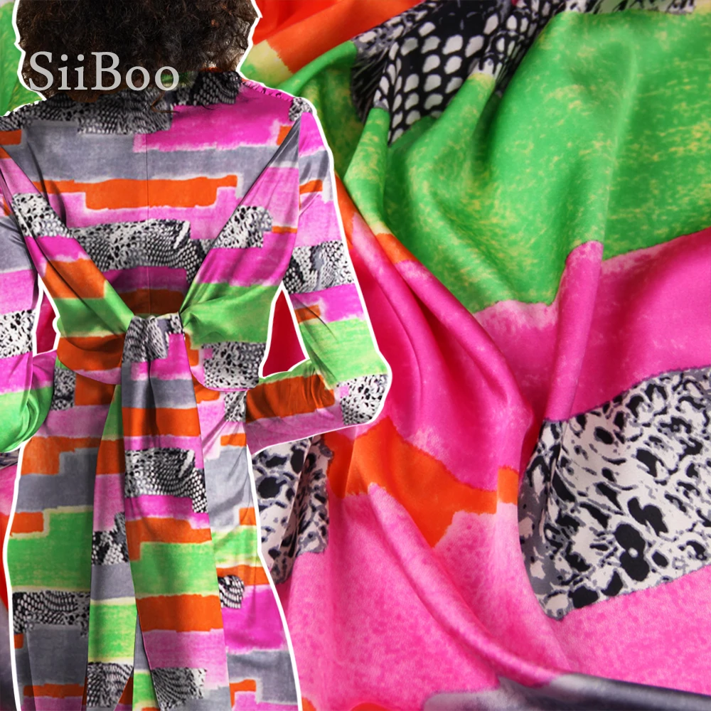 

Siiboo natural silk spandex satin fabric for women dress pants bright color block geometrical pattern summer holiday soie sp6406