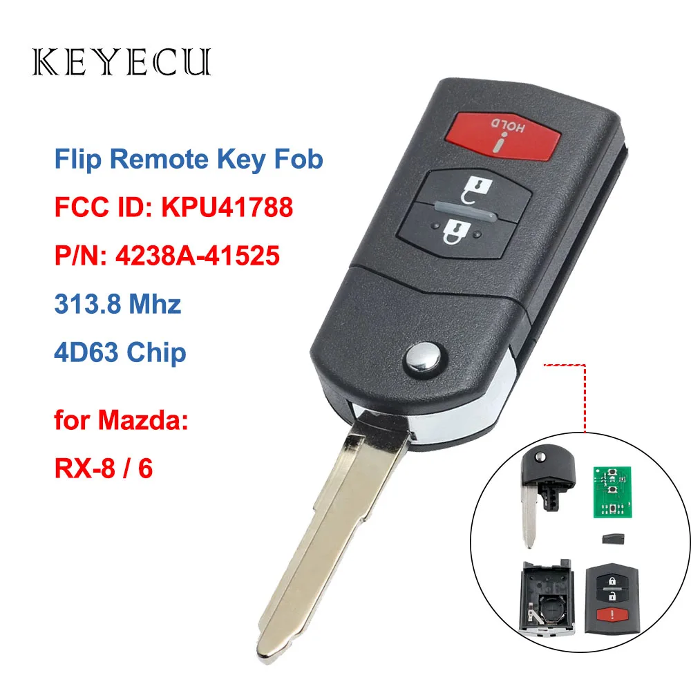 Keyecu Flip Remote Car Key Fob 3 Buttons 313.8MHz 4D63 Chip for Mazda 6 RX-8 RX8 2004 2005 2006 2007 2008 KPU41788