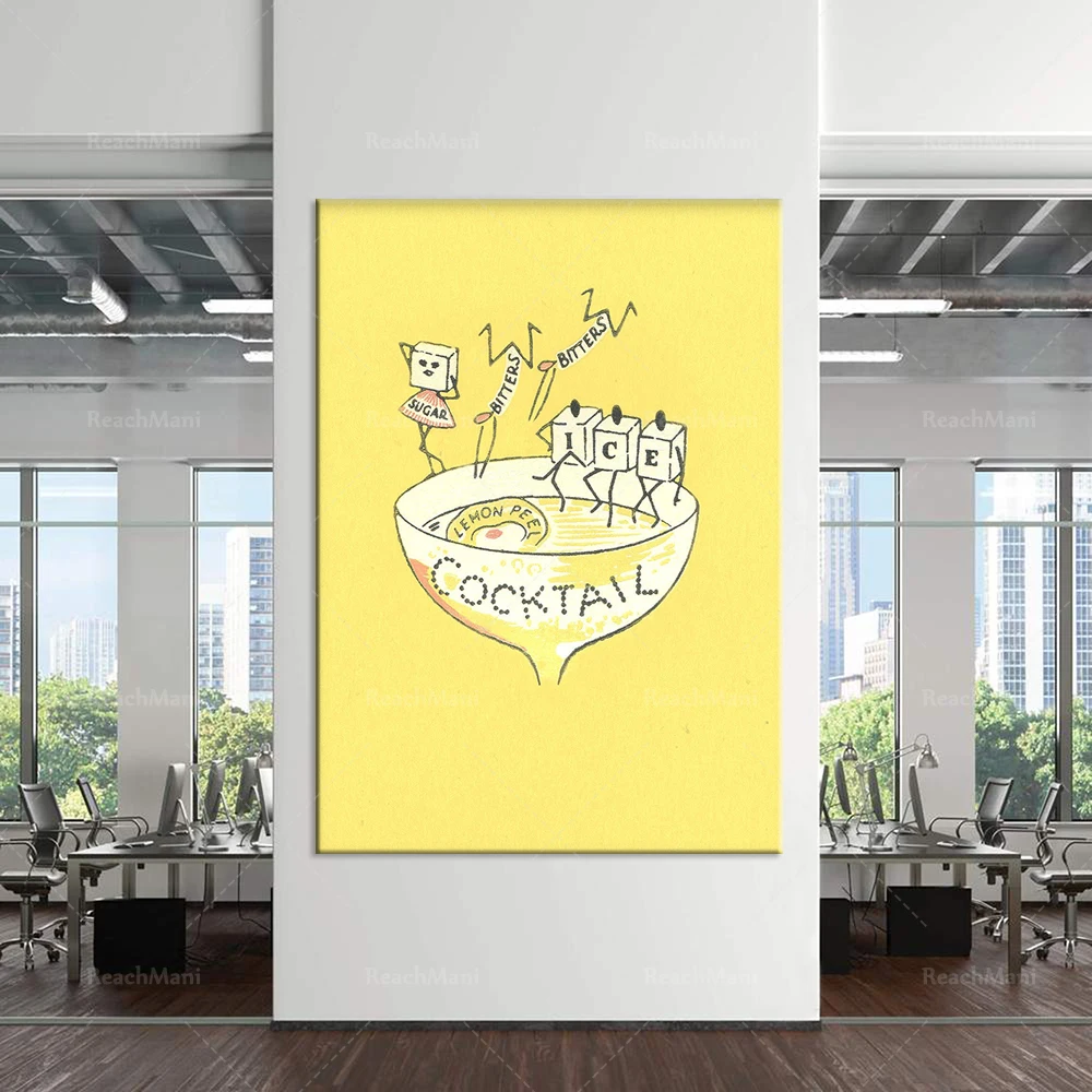 طباعة كوكتيل عتيقة، ليمون، لوحة فنية جدار المطبخ باللون الأصفر، ملصق ديكور جدار البار القديم
