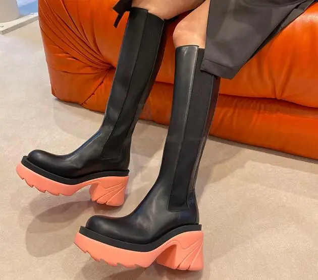 Pink Blue Black Green Chunky Heels Cow Leather Patchwork Knee High Boots Woman Round Toe Thick Sole Slip On Elastic Boots