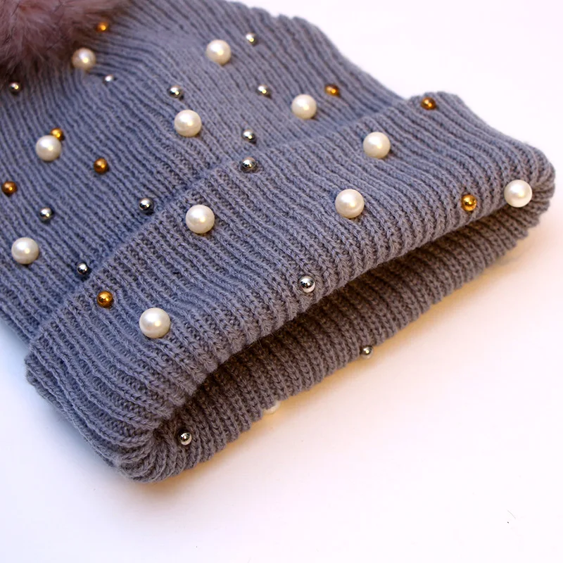 2021 Women Winter Fashion Hat Pompom Balls Cap Pearls Rhinestones Knitted Wool Beanie Casual Outdoor Warm Female Skullies Hats