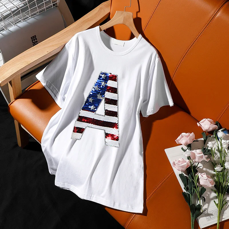 

Summer Women 2021 new Fashion Short Sleeve T-shirt Sequin Alphabetic Loose High Quality White Street style casual o-neck Tops