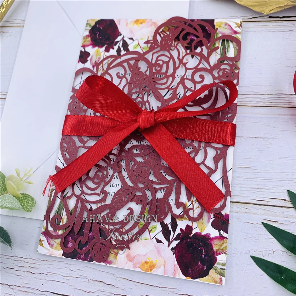 Burgundy Blooms-Burgundy Laser Cut Wrap with Floral Touched Invitation