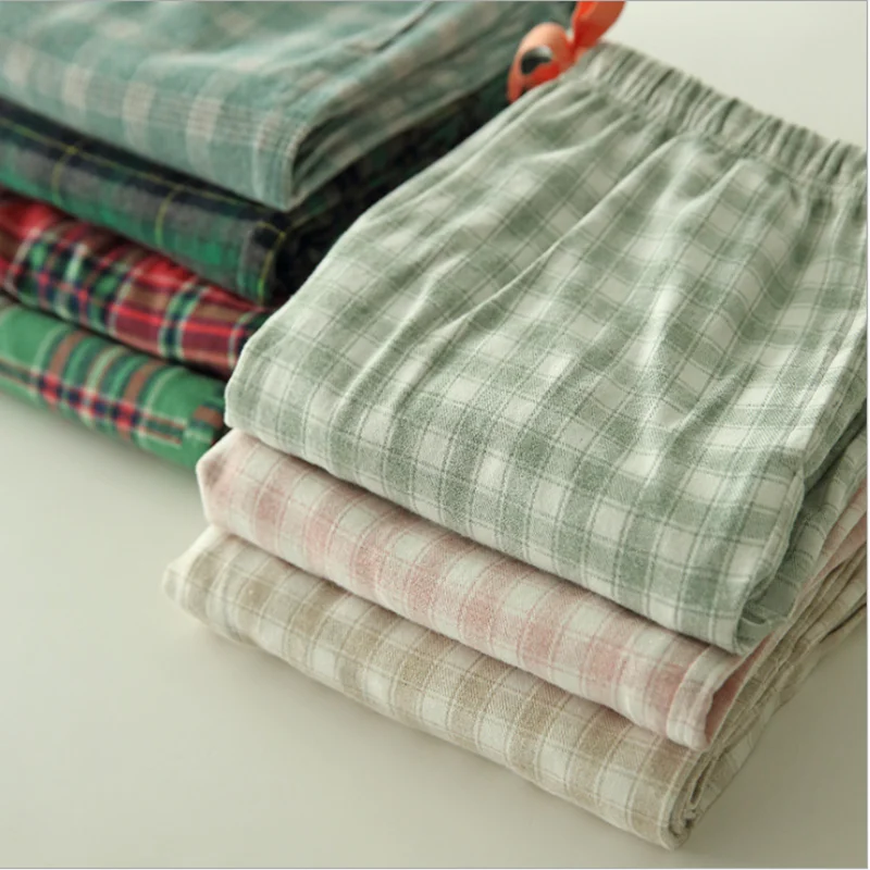 Spring Autumn Women 100% Cotton Sleep Bottoms Top Quality Nightwear Trousers Lounge Pajama Pants Female Casual Plaid Home Pants