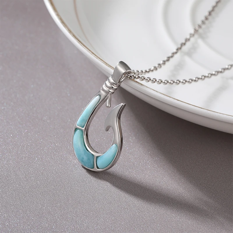 Summer Style Fishhook Boat Anchor Classic Charm 925 Sterling Silver Jewelry Gifts Dominica Larimar Pendant Necklace for Woman