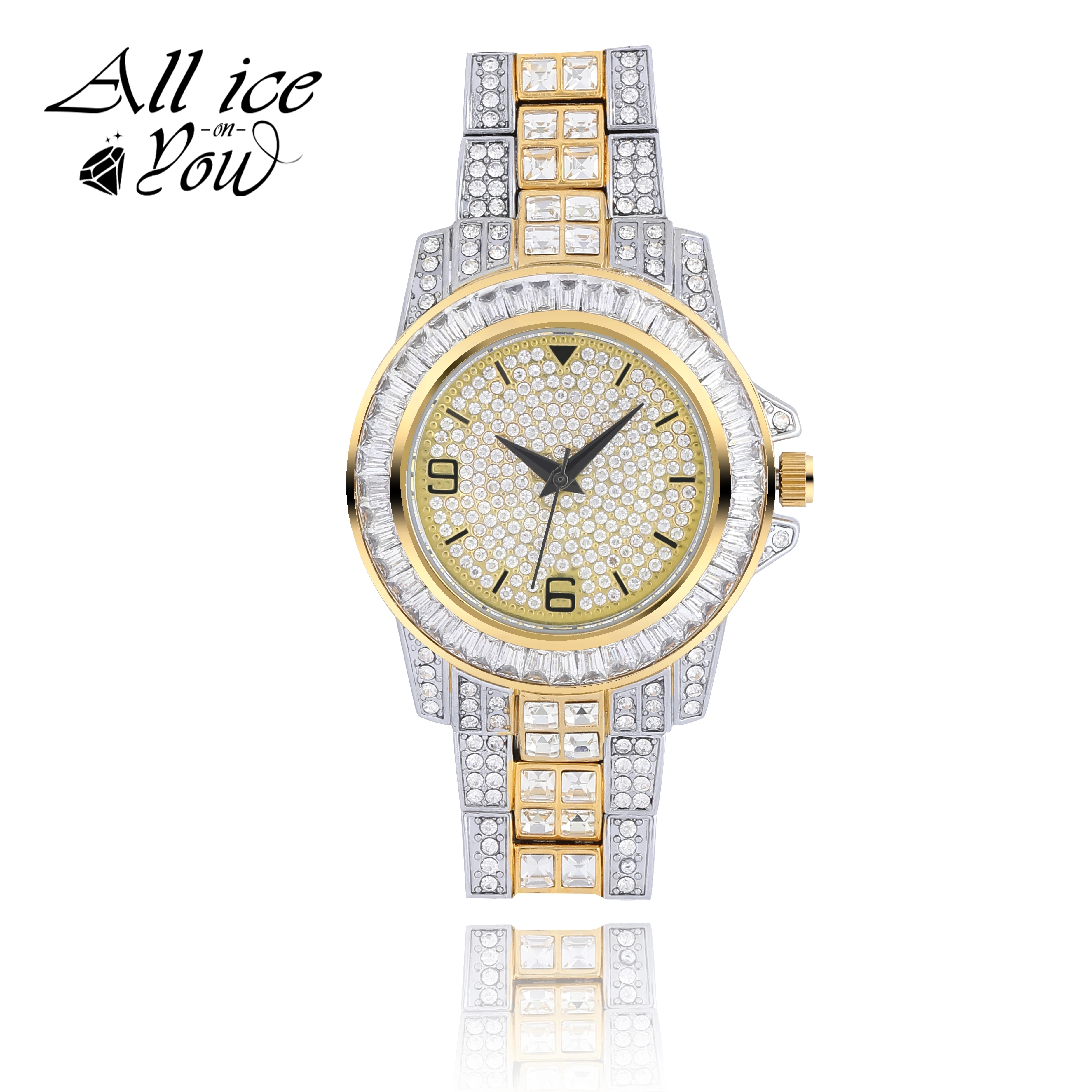 ALLICEONYOU New ICED OUT Baguette Watch Quartz Gold HIP HOP Wrist Watches With Micro pave CZ Stainless Steel Wristband Clock