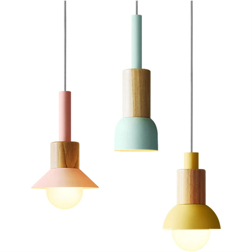 Nordic colored wood flashlight pendant lights bedroom bedside light living room kitchen bathroom lamp Macaron hanging lighting