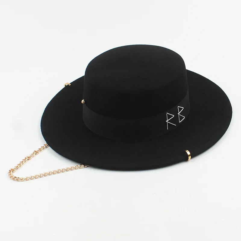 2021 hat female autumn and winter retro embroidery letter golden chain fashion flat top hat fedora hat wild wool top hat