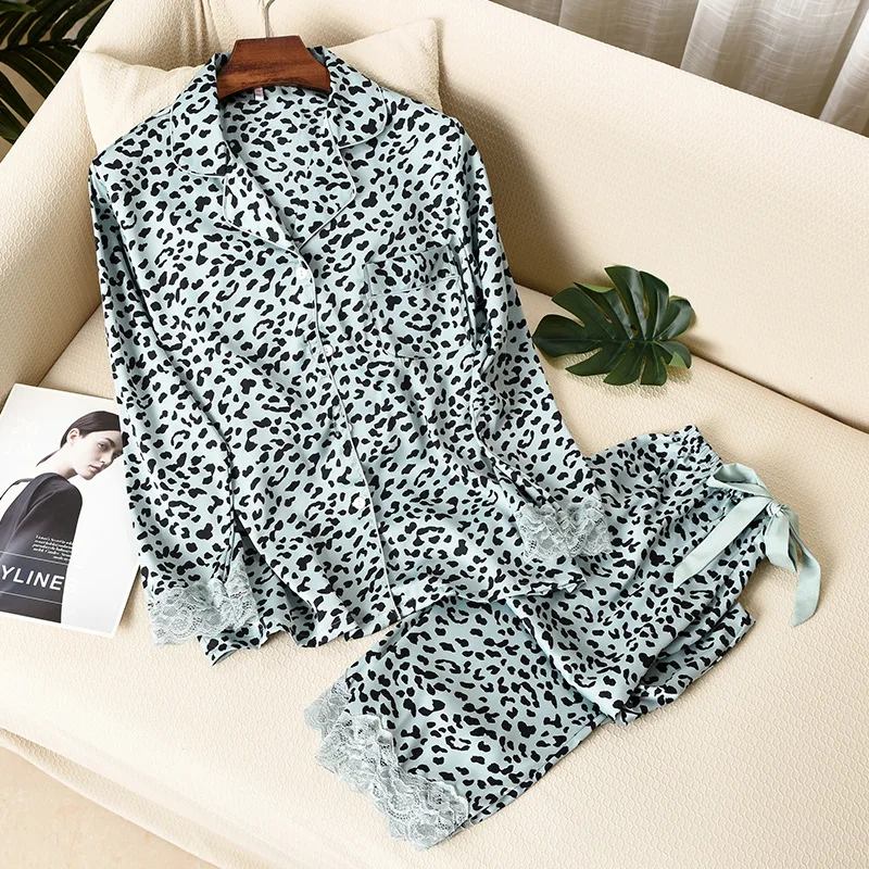 Lisacmvpnel Leopard Print Women Pajama Set Ice Silk Soft Touch Long Sleeve Suit Pyjamas