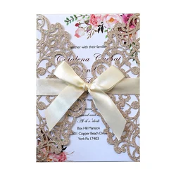 50pcs Laser Cut Wedding Invitation Card Glitter Paper Greeting Cards With Ribbon Customized Party Wedding Decoration