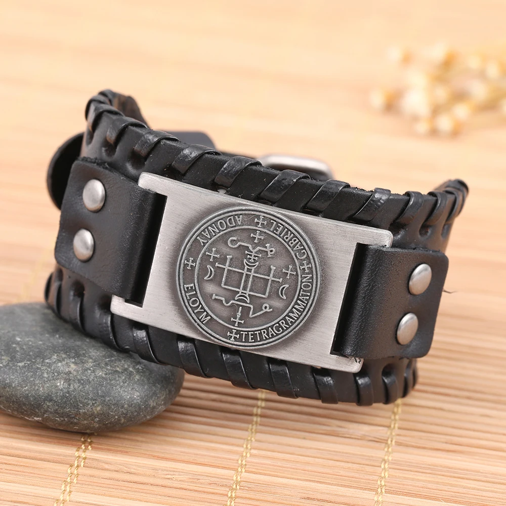 Skyrim Sigil of Archangel Wide Leather Bracelet Michael Raphael Talisman Vintage Angel Gothic Power Bangles Man Jewelry