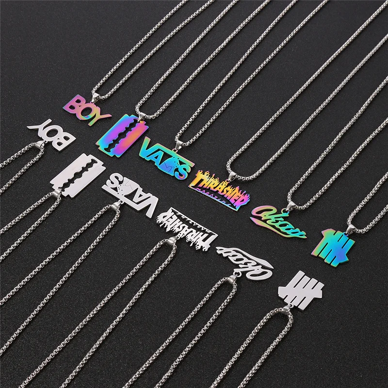 Magazine BOY Bear OKAY  Razor Blade Necklace Letter Pendant Stainless Steel Flame Quenched Hip-Hop Rock Men DJ Rapper Jewellery