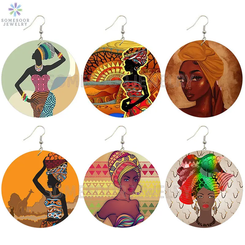 SOMESOOR African Ethnic Headwrap Woman Wooden Drop Earrings Afro Tribal Chants Black Arts Drawn Wood Ear Jewelry For Women Gifts