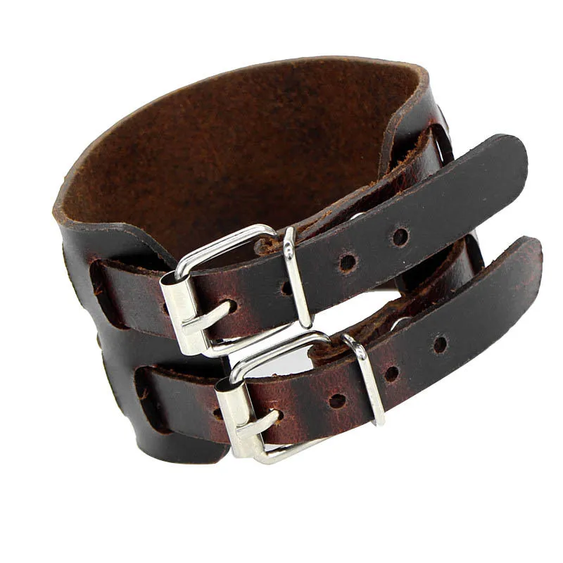 Fashion Men Leather Bracelet Open PU Leather Bangles & Bracelet Double Wide Black Brown Bracelet Vintage Punk Unisex Jewelry