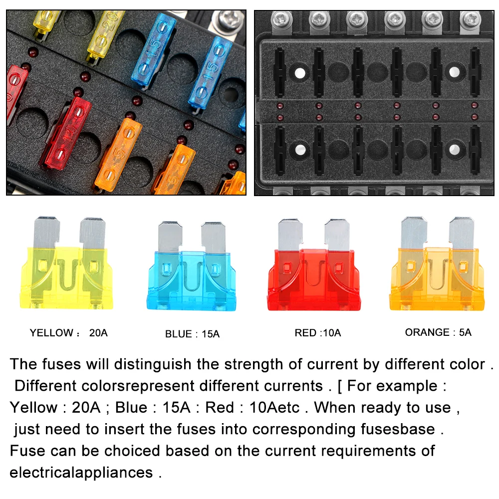 6 Ways 12 Ways Blade Fuse Block Fuse Box Holder For Auto Car Boat Marine 32V 100A M5 Stud With LED Indicator Light