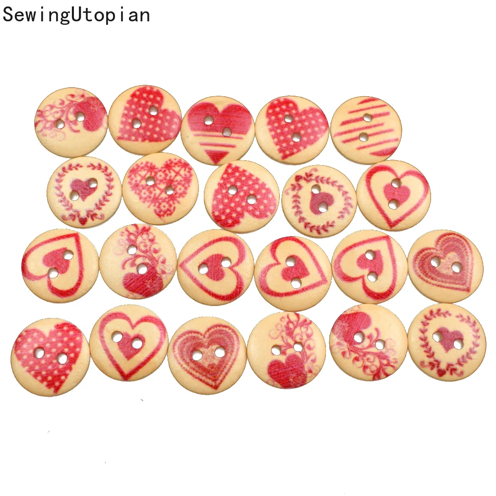 100PCS 15/20MM Heart Cartoon Wooden Buttons for Sewing Scrapbooking Clothing Headwear Handmade Crafts Home Decor Accessories DIY