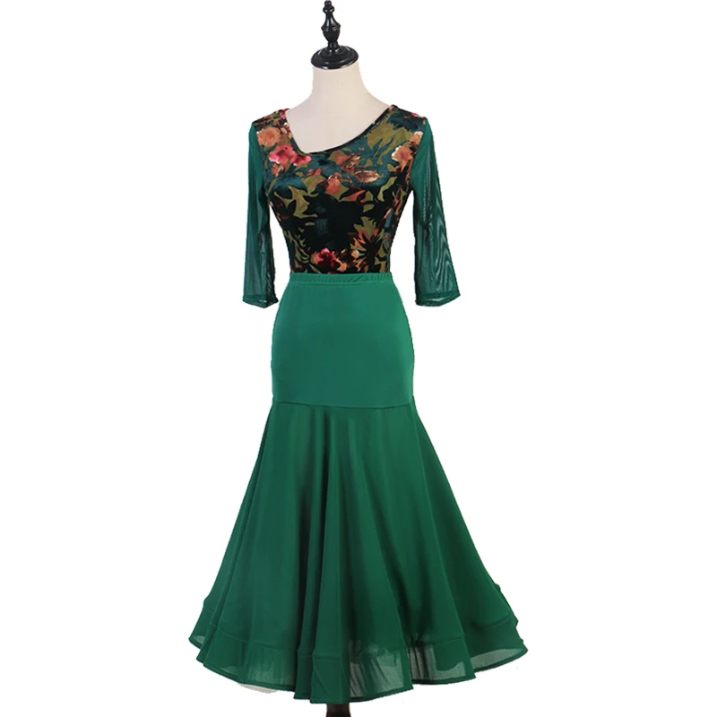 Robe de danse de salle de bal pour femmes, jupe de danse foxtrot, pour scène, valse, verte, MQ224 + S034