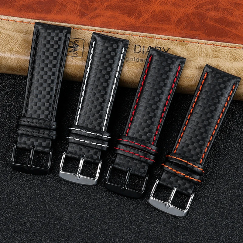 Genuine leather bracelet Carbonfiber grain Watchband 18mm 20mm Red Orange stitching watch band 21mm 22mm 23mm 24mm watch strap