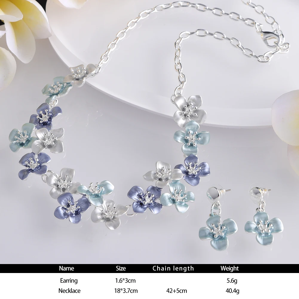 MeiceM Trendy Flowers Necklaces for Wedding Party Girls Gift Ornaments on the Neck Blue Enamel Chain Choker Pendant Necklace