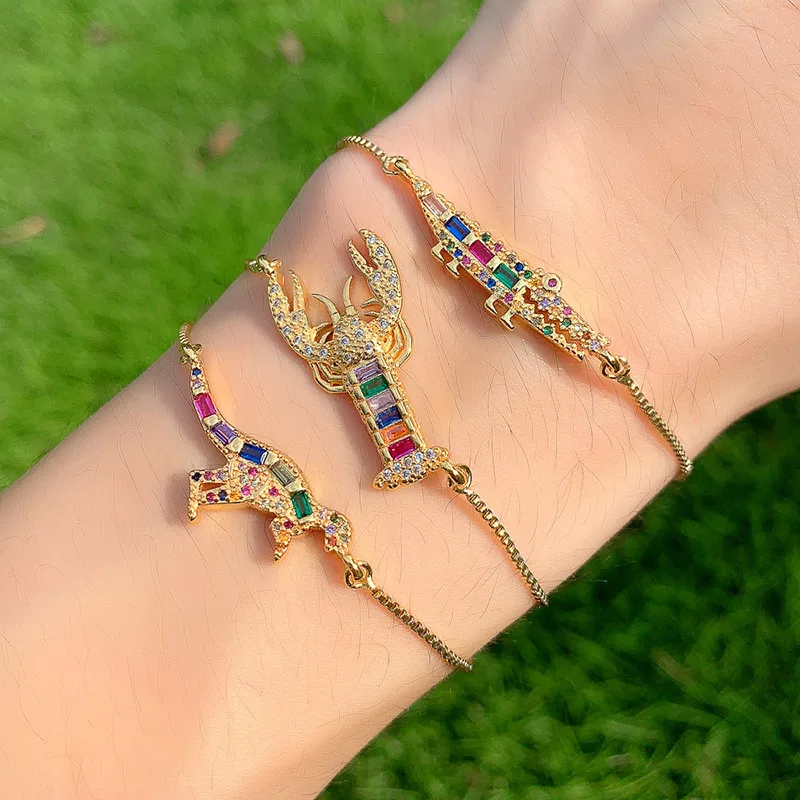 Inkrustowana tęczowa cyrkonowa bransoletka z homarem/dinozaurem/krokodylem wisiorek z motywem zwierzęcym dla kobiet mężczyźni dzieci złoto-pozłacany łańcuszek biżuteria plażowa Boho