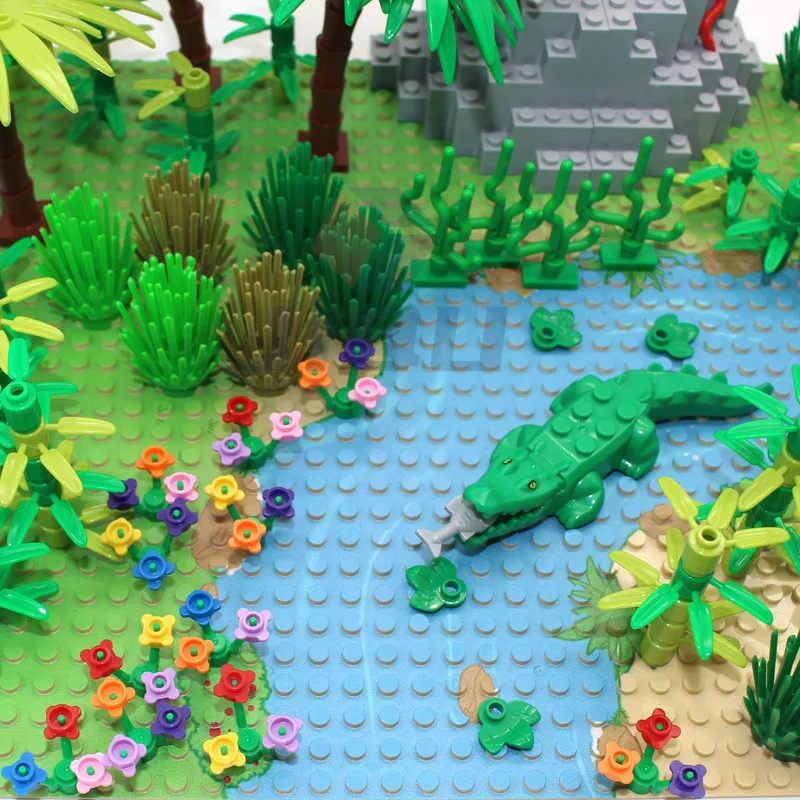 Rain Forest Parts Animal Green Grass Jungle Bush Flower Tree Plants MOC Building Blocks DIY Assemble Compatible Brands Baseplate