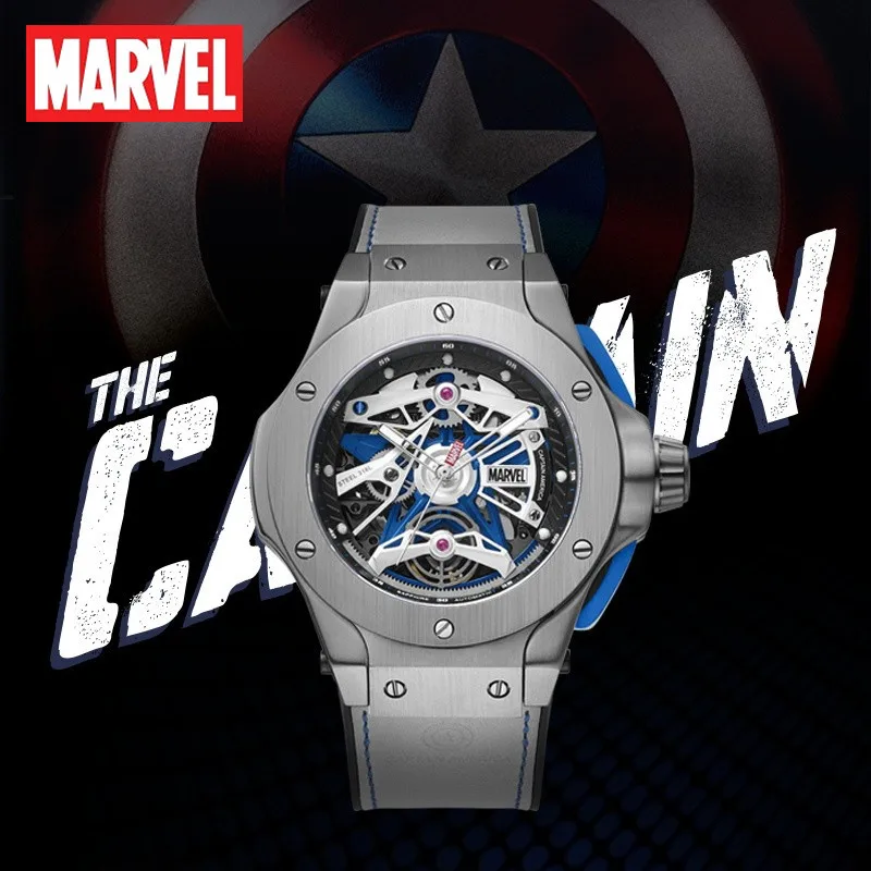 Disney Marvel Captain America Skeleton Automatic Wristwatch Perspective Sapphire Crystal The Avenger Space Mechanical Hollow Out