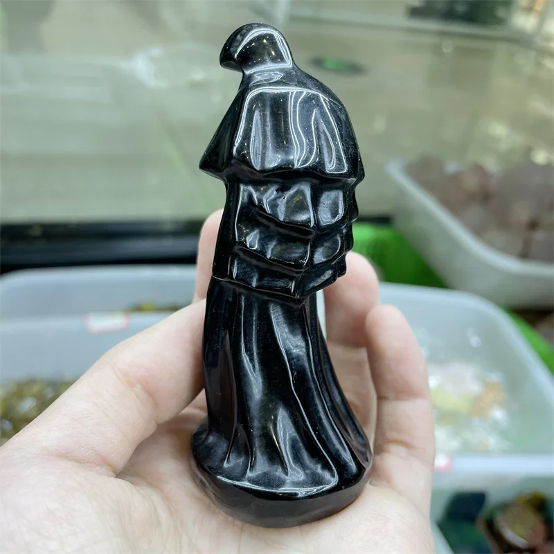 Natural Black Obsidian Wizard Quartz Crystal Sorcerer Hand Carved Gemstone Ornament For Christmas Gift