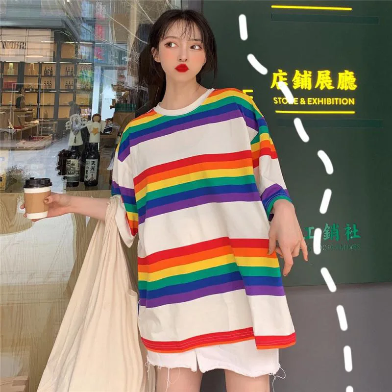 Women Rainbow T Shirt Striped Punk T-shirt O-Neck Casual Harajuku Tshirt Short Sleeve Korean Fashion Shirt Camiseta Feminina Top