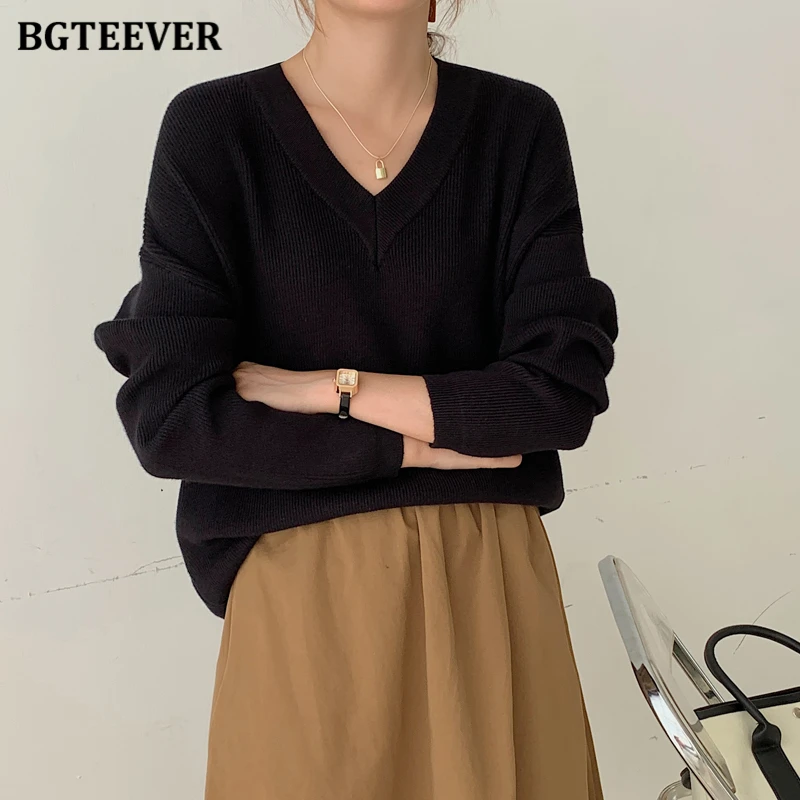 BGTEEVER Elegant V-neck  Knitted Women Sweaters Full Sleeve Loose Female Pullovers Jumpers Autumn Winter Thick Ladies Knitwear