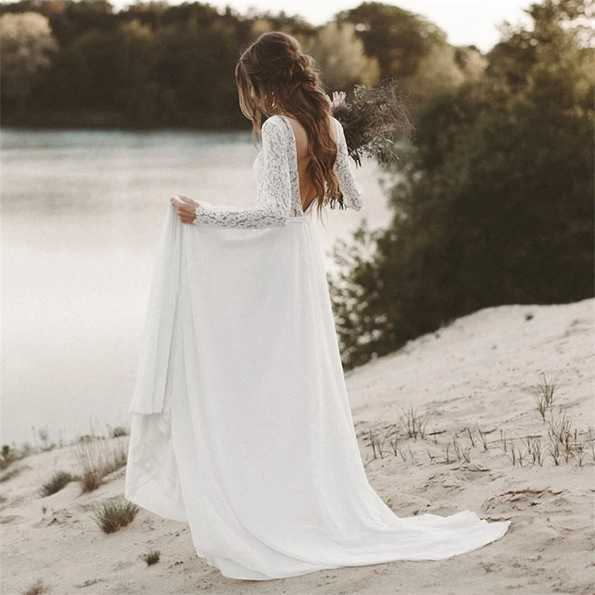 Robe de mariée en mousseline de soie, tenue de plage, manches longues, col en V, dos nu, style boho, 2020