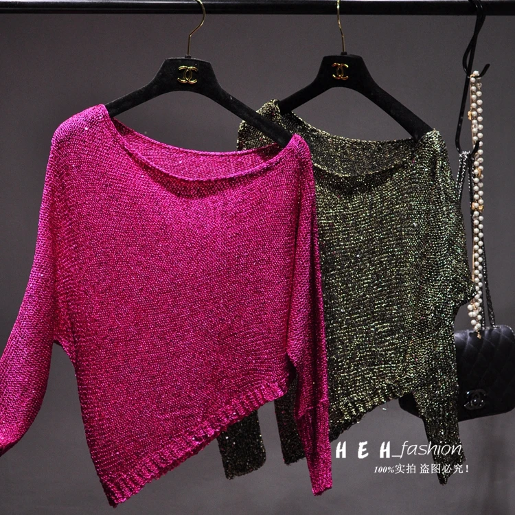 Cakucool Sequins Knit Tops Women Shiny Long Sleeve Pullover Off Shoulder Slash Neck Asymmetric Bling Top Thin Sweater 7color