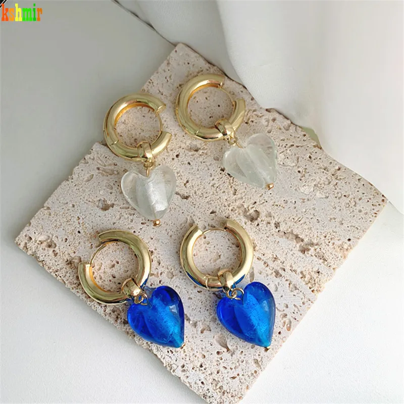 Kshmir New Glass Heart-shaped Earrings Round Large Hanging Earrings Unique Bohemian fashion earrings for women's jewelry