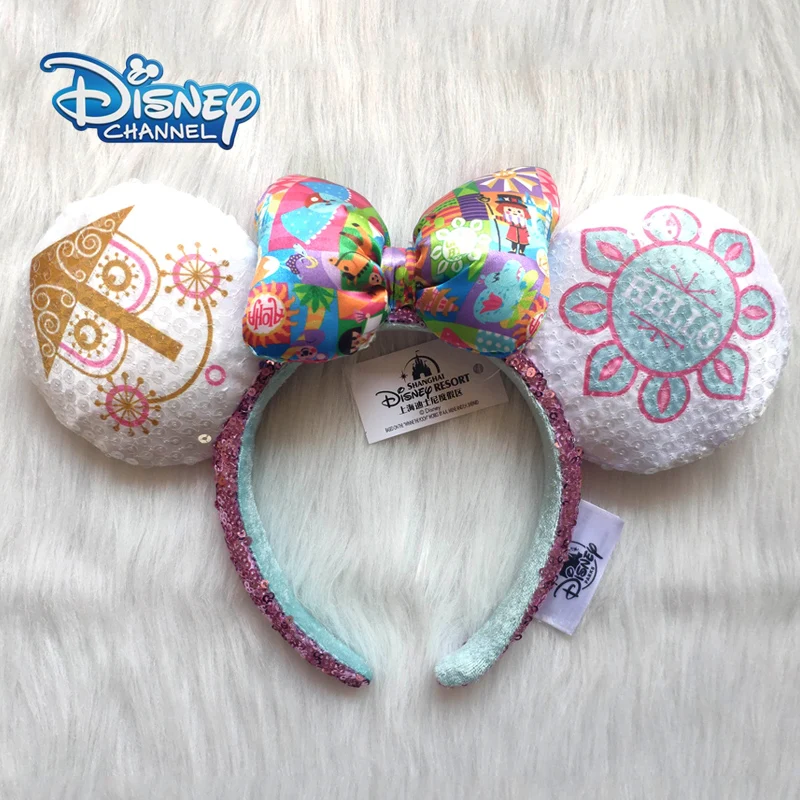 Disney Small World Mickey Mouse Headband Disneyland Minnie Ears HELLO/GOOD BYE Sequins Headwear Children Girl Toys Decoration