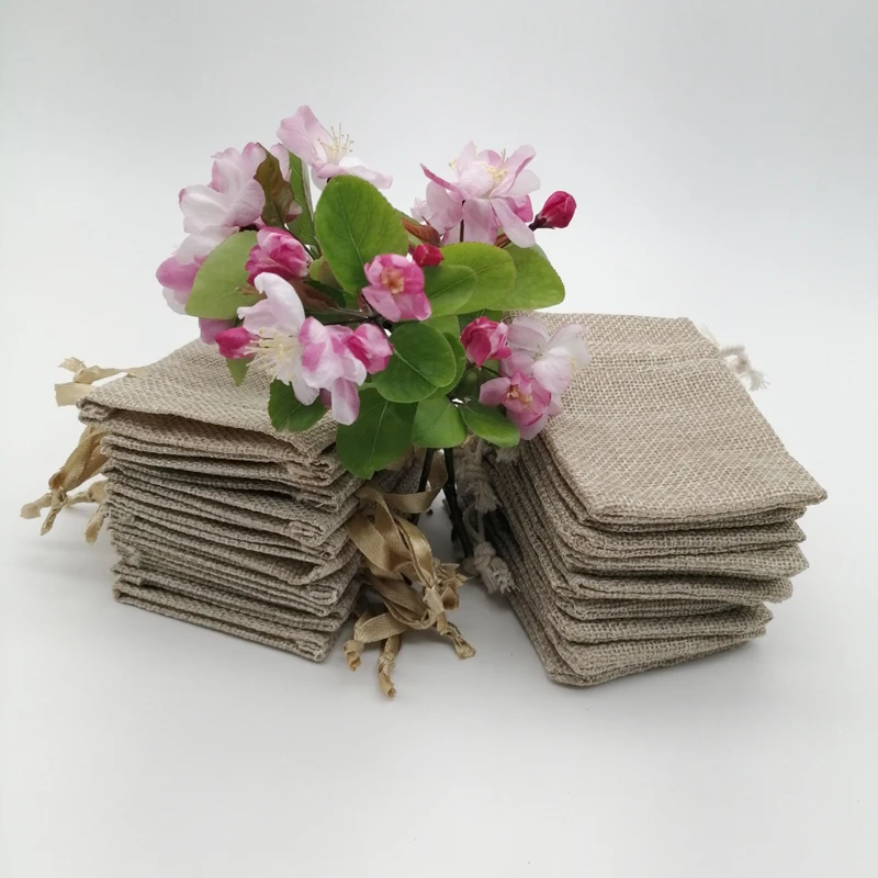 100pcs Silk Ribbon Cotton Gift Bag Linen Sack Jute Bags Drawstring Bag Muslin Webbing Candy Gift Packaging Bags Storage Pouch