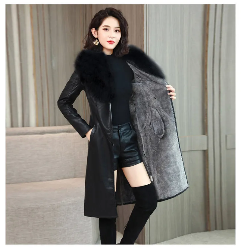 Big Fur Collar PU leather Jacket Autumn Winter Velvet Thicken Soft Faux PU leather Coat Women Korean Long Overcoat 4XL 2356