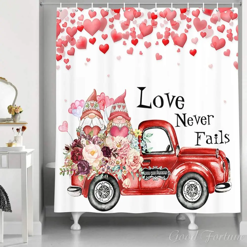 Valentine's Day Gnome Shower Curtain Love Never Fails Red Truck With Cute Lovers In Red Rose Flower Bathroom Accessories