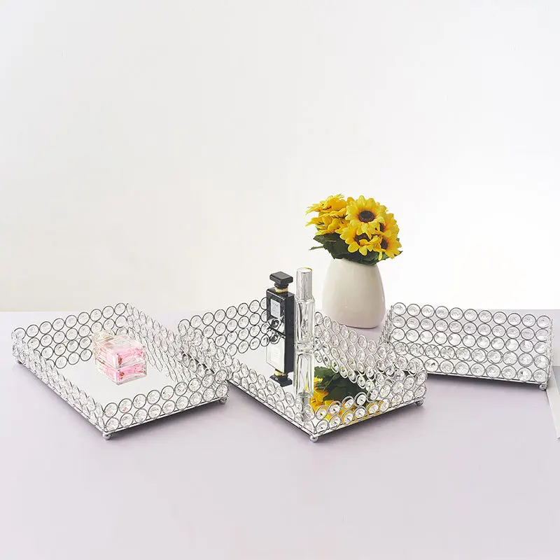 Modern Silver Mirror Crystal Decorative Cosmetics Storage Box Tray, Wedding Home Decoration Rack     ZM111311