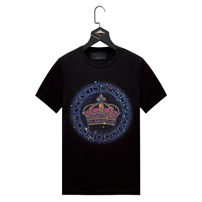 2025 Crown Rhinestones T Shirts Men Clothing Fashion Man Streetwear O Neck Slim Modal Cotton Short Sleeve Tshirts Plus Size 6XL