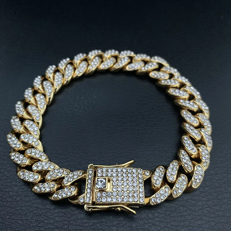 High-Quality  51g Hip Hop Full AAA Stone Bling Iced Out Pave Men\'s Bracelet Miami Cuban Link Chain Bracelets for Men Jewelry