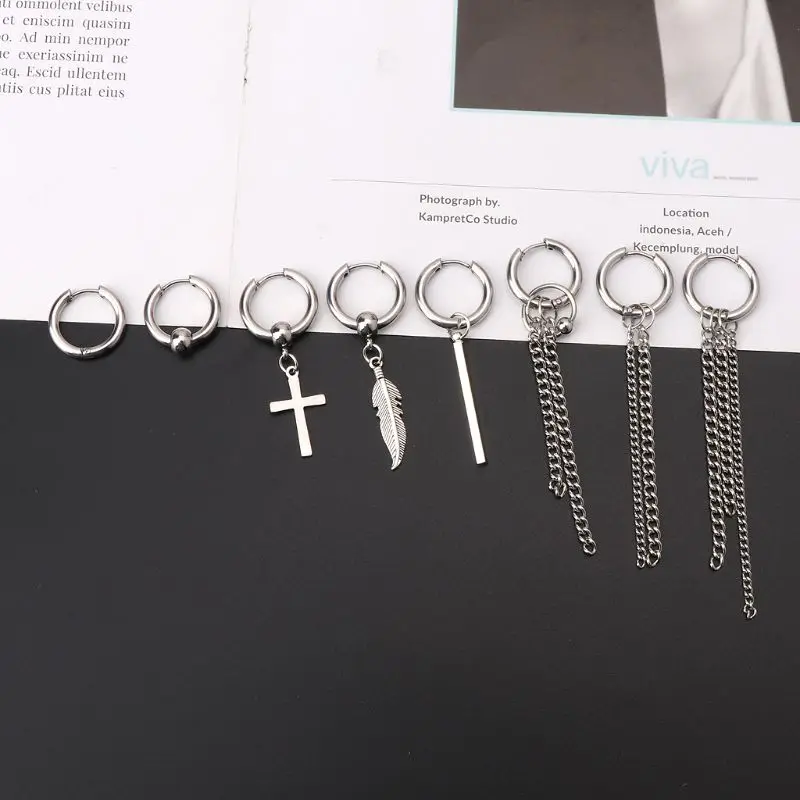 Korean Jewelry Titanium Steel Earrings Long Men Boys Hoop Chain Drop Earrings For Kpop Idol Team