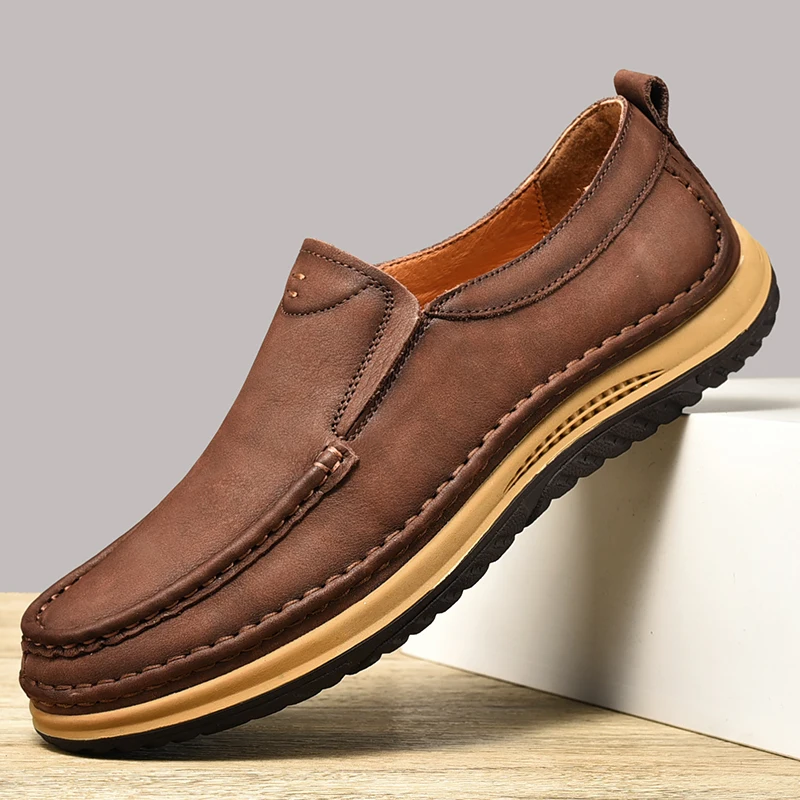 Classic Genuine Leather Men Outdoor Shoes Breathable Casual Men Comfortable Hiking Walking Slip-on Business Formal Shoes