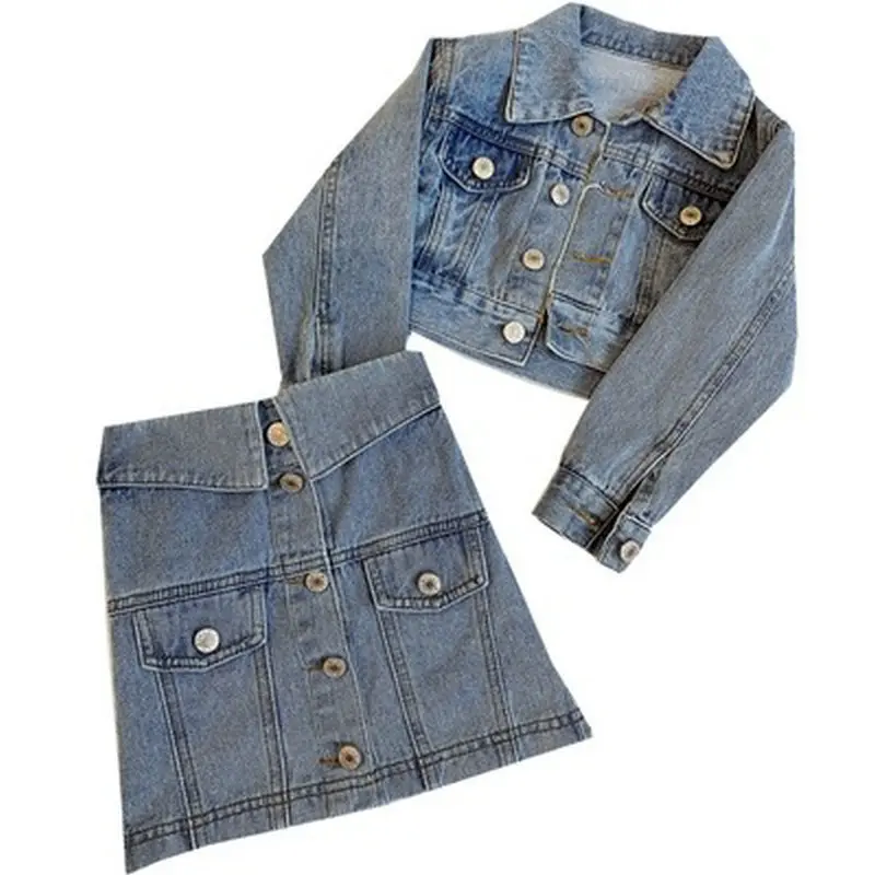 

Girls Casual Denim Sets Cotton Jacket+skirt 2pcs Baby Letter Outerwear Clothes Suits Student Short Bolero for Children Princess