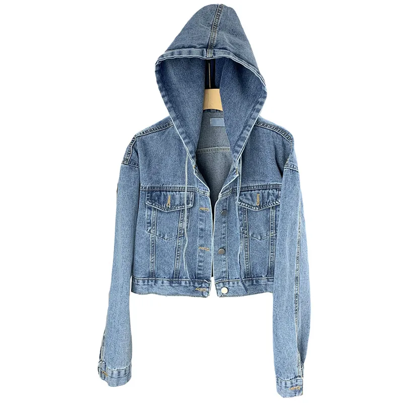 Jeans Jacket Women Korean Casual Fashion Hooded Denim Jackets Short Coat Pocket Drawstring Loose Jeans Coat Female Spring Autumn