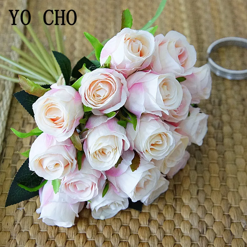 YO CHO Artificial Flower Bouquet 18 Heads Silk Rose Fake Flower White Bridesmaid Wedding Bouquet Home Party Wedding Table Decor