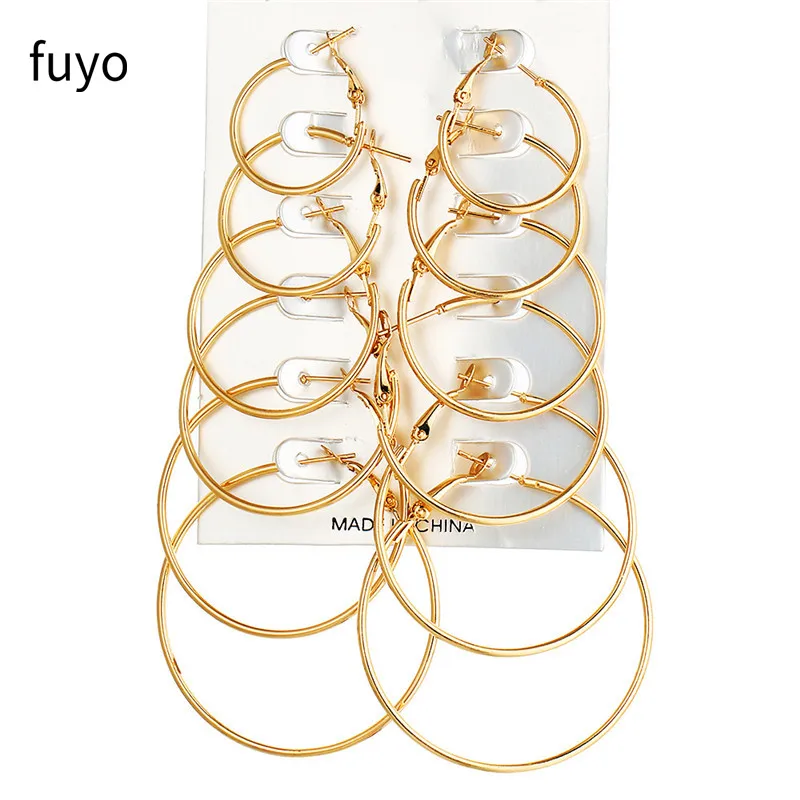 New 6 Pairs/set Vintage Dangle Big Circle Hoop Earrings Women Ear Clip Brincos Ring Earrings Set Combination