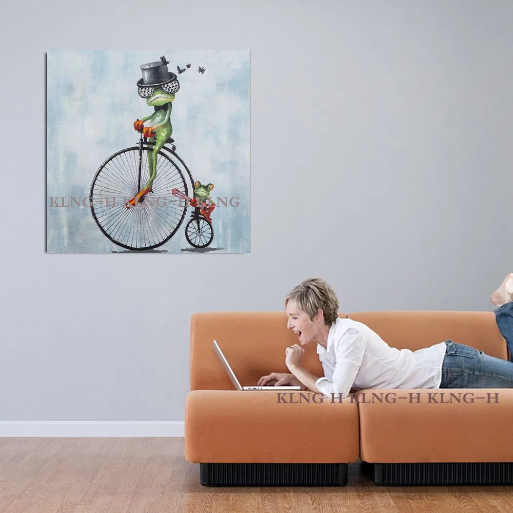 Hand-painted oil painting to ride a bicycle frog animal interesting high quality professional actor children room is decorated w